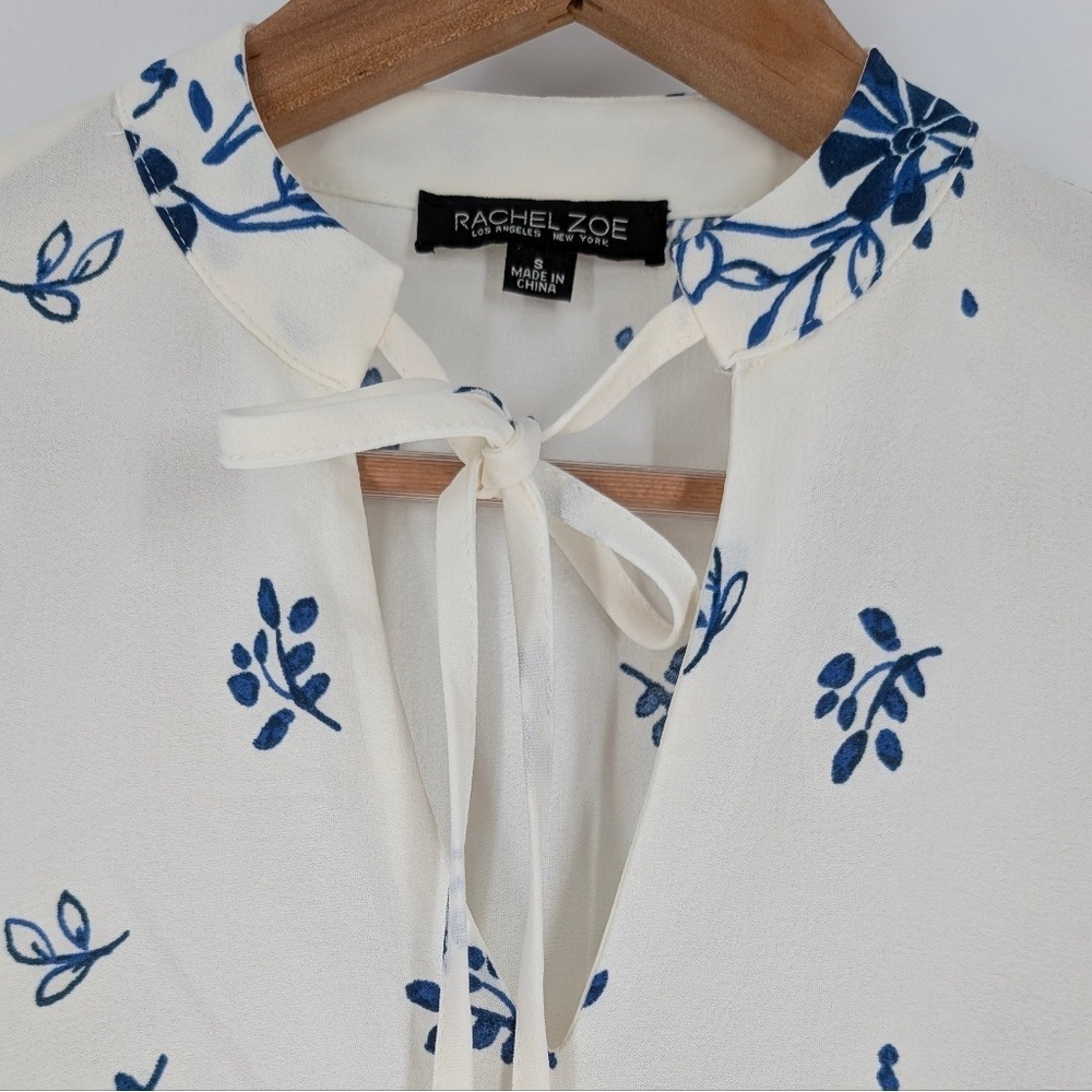 Rachel Zoe Blue White Floral Tie Neck Long Sleeve Tiered Mini Dress Small - Picture 5 of 11
